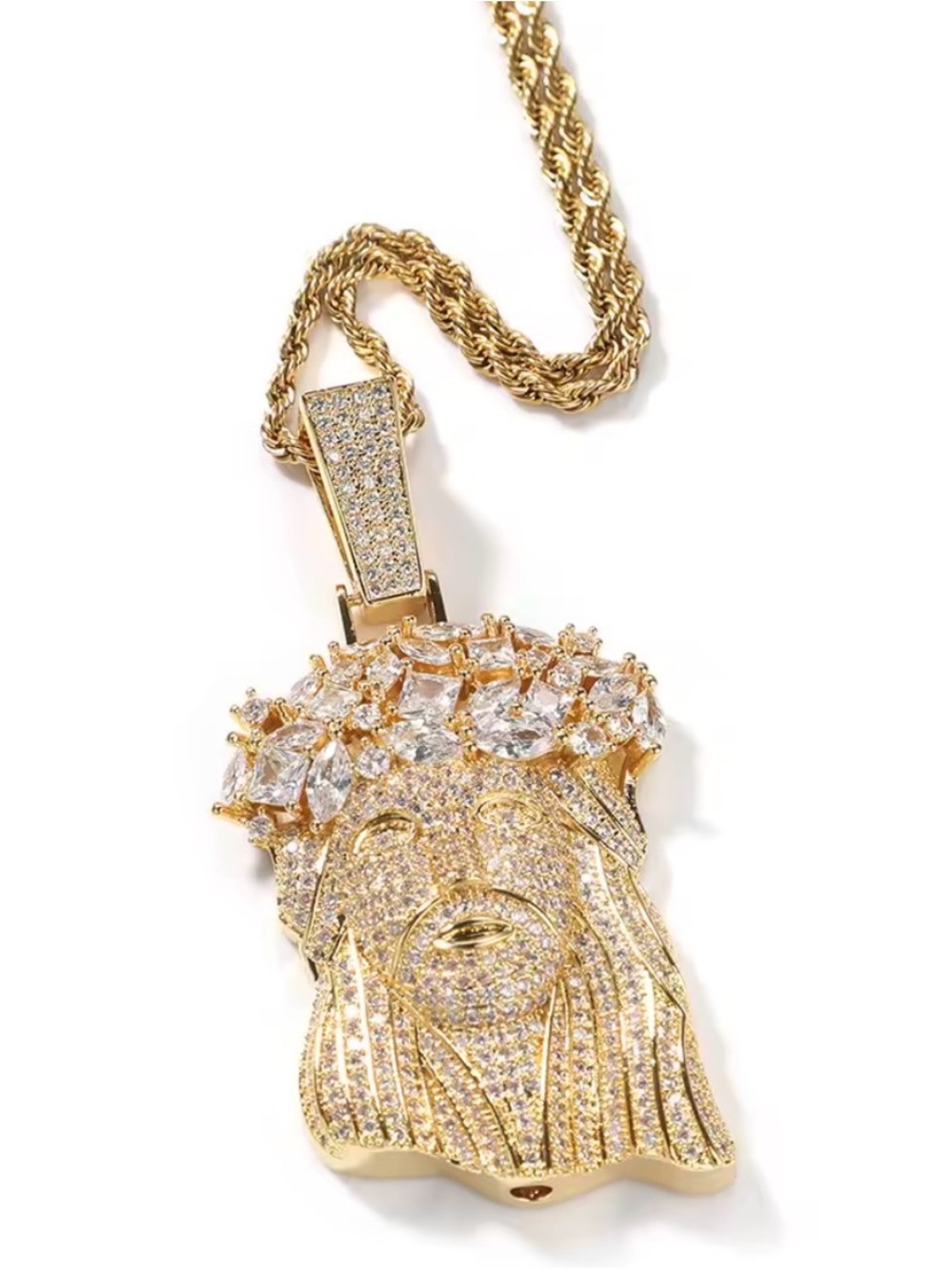 Gold Jesus Head Pendant Necklace with Cubic Zirconia - men Jewelry 24inch